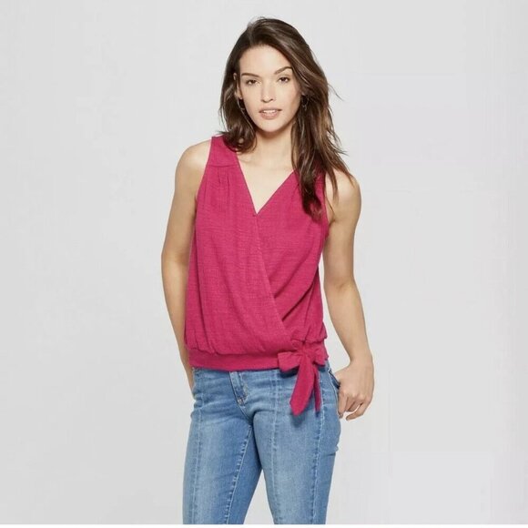 Universal Thread Tops - Universal Size S Bright Pink Faux Wrap Front Knot Blouse, Exc. Used Condition